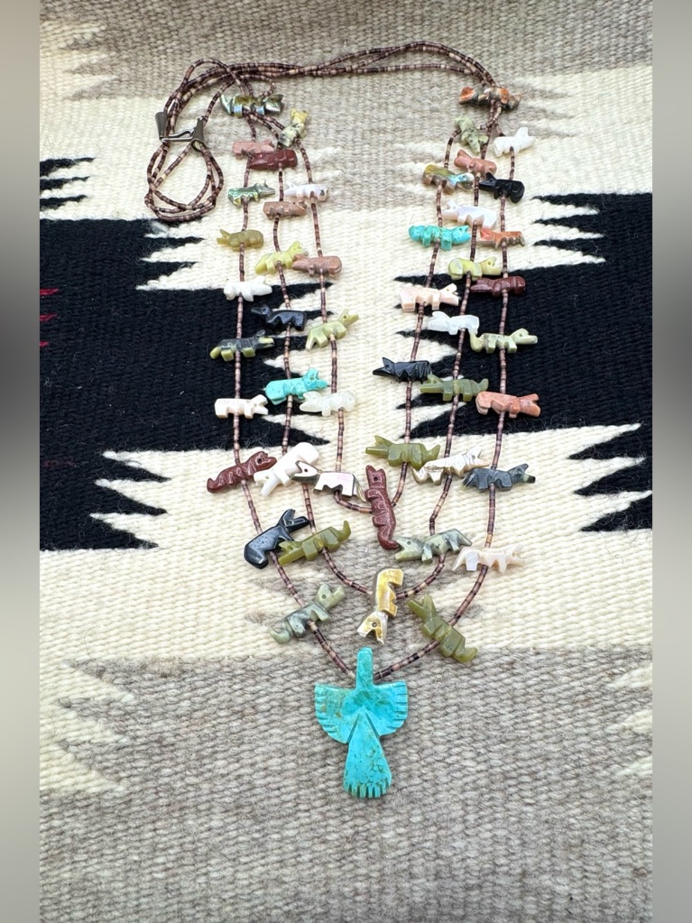 Vintage Zuni Turquoise Multi Stone Multi Strand Fetish Heishi Bead Necklace